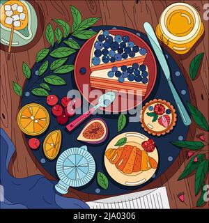Färbende Lebensmittel Hintergrund mit Draufsicht auf Holztisch mit Serviette und Frühstück serviert Gerichte auf Geschirr Vektor-Illustration ausgelegt Stock Vektor