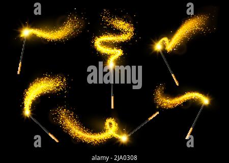 Zauberstäbe mit goldenen Blendung und funkeln realistisch auf schwarzem Hintergrund abstrakte Vektor-Illustration gesetzt Stock Vektor