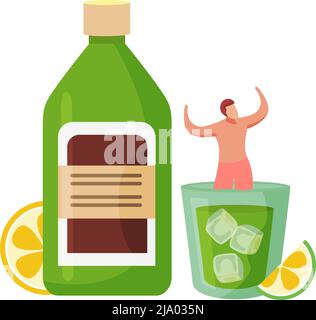 Alkoholische Getränke Cocktails flache Zusammensetzung mit Mann schwimmt in Glas von Cocktail mit grünen Flasche Vektor-Illustration Stock Vektor