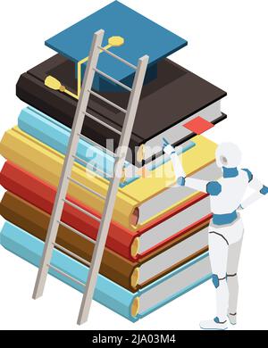 Isometrische künstliche Intelligenz Konzept mit Roboter Auswahl Buch 3d Vektor Illustration Stock Vektor