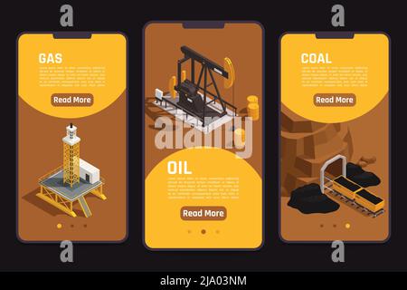 Natürliche Ressourcen Apps 3 isometrische vertikale mobile Bildschirme Banner mit Gas-Öl-Extraktion Kohlebergbau Vektor-Illustration Stock Vektor