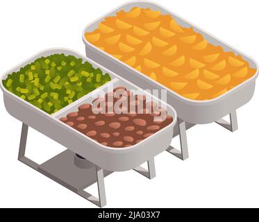 Isometrisches Buffet-Symbol mit Lebensmitteln in offenen Tabletts auf weißem Hintergrund Vektorgrafik Stock Vektor