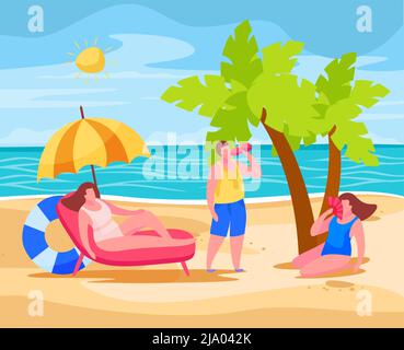 Menschen am Strand verhindern sommerliche Überhitzung Hitzschlag sitzen unter Regenschirm Trinkwasser mit chinesischen Fan-Vektor-Illustration Stock Vektor