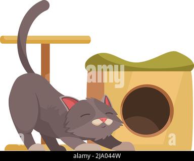 Cartoon graue Katze neben seinem Haus mit kratzenden Postvektorillustration Stock Vektor