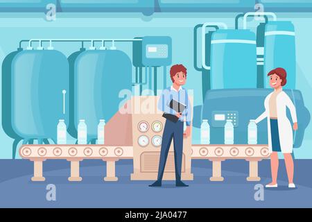 Milchfabrik flache Zusammensetzung mit Indoor-Landschaft mit Lagerdosen Förderlinie mit Flaschen und Menschen Vektorgrafik Stock Vektor