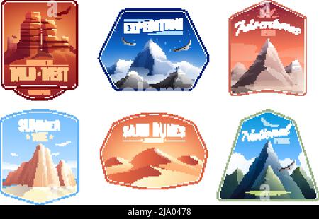 Berge Felsen Landschaften Embleme flach mit Sanddünen Nationalparks und Expedition Gipfel editierbare Text Vektor-Illustration Stock Vektor