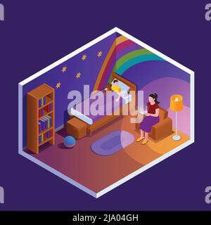 Lesen isometrische Komposition mit Blick auf Kinderzimmer mit Mutter Buch zu ihrem Kind Vector Illustration lesen Stock Vektor