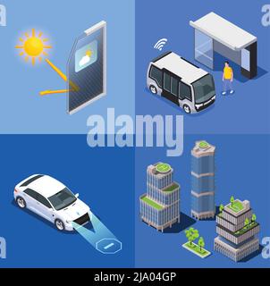 Smart City Technologies isometrisches Designkonzept mit Bildern von Fernbuswagen und Gebäuden mit Hubschrauberlandeplatz-Vektordarstellung Stock Vektor