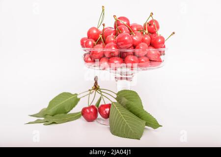 Kirschen. Kirsche. Kirschen in Farbschale und Küchenserviette. Rote Kirsche. Frische Kirschen. Kirsche auf weißem Hintergrund. Gesundes Lebensmittelkonzept. Stockfoto