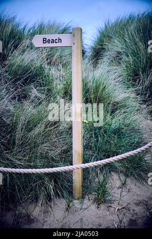 Einfaches Holzschild auf der Post, das auf den Strand zeigt Stockfoto