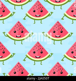 Nahtloses Muster Kawaii Wassermelone Scheibe. Vektor Sommer Hintergrund Stock Vektor