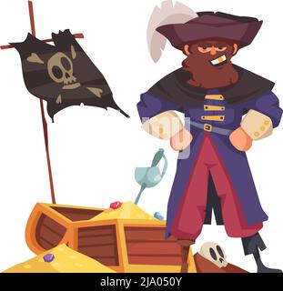 Grinsender Piratenhauptmann mit Schatztruhe Cartoon-Vektor-Illustration Stock Vektor