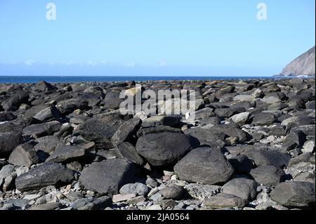 Felsen, Steine am Strand von Devon an einem sonnigen Tag Stockfoto