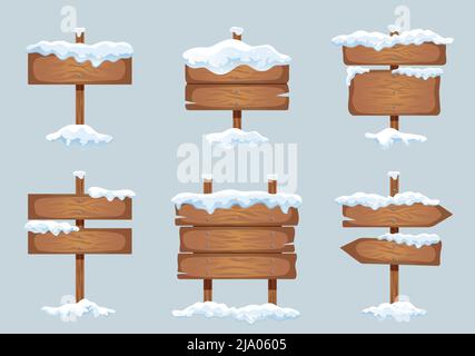 Hölzerne Schilder Richtung Schild Board Zeiger mit Schnee Eis Kappen realistische Winter Bilder set Vektor-Illustration Stock Vektor