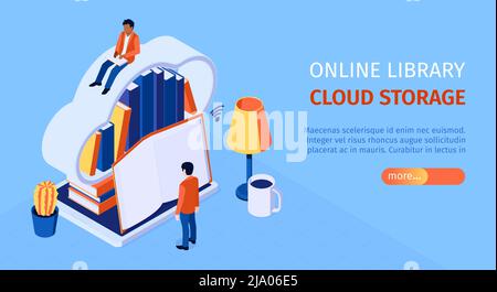 Online-Bibliothek Landing Page isometrisches horizontales Webbanner mit Benutzerlesung auf Cloud Virtual Bookshelf Storage Vektordarstellung Stock Vektor