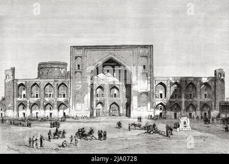 Tilla Kari Madrasah in der Region, Samarkand, Usbekistan, Zentralasien. Von Orenburg nach Samarkand 1876-1878 von Madame Marie Ujfalvy-Bourdon, Le Tour du Monde 1879 Stockfoto