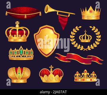 Monarchie Attribute heraldische Symbole realistische Set mit Gold Kronen Tiara Trompete Lorbeerkranz zeremonielle Kissen Vektor Illustration Stock Vektor