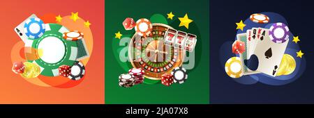Realistisches Casino Design-Konzept mit quadratischen Kompositionen von Glücksspiel-Chips-Karten und Roulette mit goldenen Sternen Vektor-Illustration Stock Vektor
