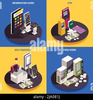 ATM Self-Checkout-Informationen und Food-Kiosk mit interaktiven Schnittstellen isometrisches Design Konzept 3d isolierte Vektor-Illustration Stock Vektor