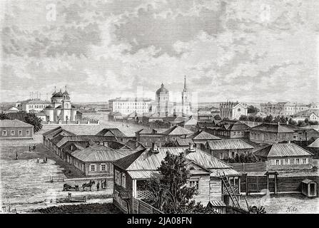 Panoramablick auf die Stadt Omsk, Südwestsibirien. Russland. Von Orenburg nach Samarkand 1876-1878 von Madame Marie Ujfalvy-Bourdon, Le Tour du Monde 1879 Stockfoto