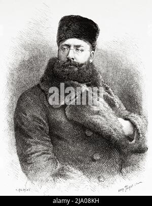 Károly Jenő Ujfalvy de Mezőkövesd (1842-1904) war ein österreichisch-ungarischer Linguist und ethnographischer Forscher Zentralasiens und des Himalaya. In seinem adoptierten Frankreich auch als Karl von Ujfalvy bekannt, reiste er nach Samarkand und Bokhara und leitete 1880 eine Expedition nach Kaschmir. Von Orenburg nach Samarkand 1876-1878 von Madame Marie Ujfalvy-Bourdon, Le Tour du Monde 1879 Stockfoto