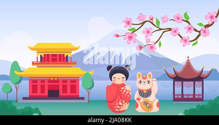 Japan Landschaft mit Berg Fuji, Reise-Banner-Konzept Stock Vektor