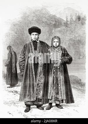 Junge Baschkiren im Uralgebirge, Südural, Russland. Von Orenburg nach Samarkand 1876-1878 von Madame Marie Ujfalvy-Bourdon, Le Tour du Monde 1879 Stockfoto