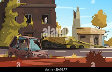 City Destroy in Kriegsgebiet mit beschädigten Gebäude verbrannt Auto und Militär-Tank auf Straße Cartoon Vektorgrafik Stock Vektor