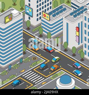 Malvorlagen Moderne Stadt Komposition mit städtischen Landschaft Autos auf der Straße und Gebäude mit Solarbatterien Vektor-Illustration Stock Vektor