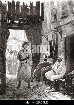 Tägliches Leben im Souk der Medina von Fez, Fes el Bali, Marokko. Nordafrika. Marokko von Edmondo de Amicis 1875. Le Tour du Monde 1879 Stockfoto
