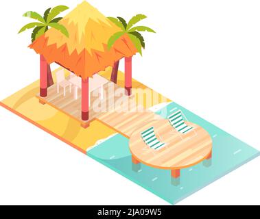 Isometrisches Symbol mit Pavillon und Lounges an der Küste für tropische Erholung 3D Vektorgrafik Stock Vektor