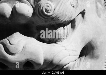 Schöne und aufwendige Kunstwerke eines chinesischen Drachen in Chinatown in Schwarz-Weiß. Stockfoto