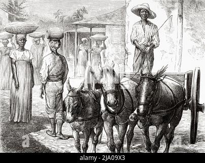 Tägliches Leben auf einer Straße, Port-au-Prince, Haiti. Karibik, Mittelamerika. Haiti von Edgar la Selve 1871. Le Tour du Monde 1879 Stockfoto