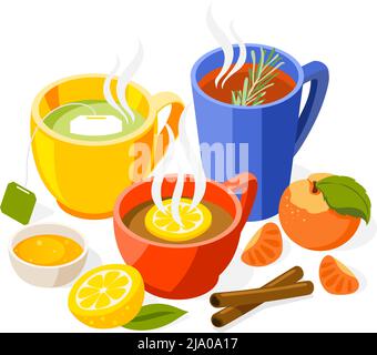 Stärkung der Immunität isometrische Zusammensetzung Tee mit Gewürzen Zitrusfrüchte und grüner Tee Vektor Illustration Stock Vektor