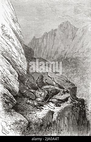 Unfall auf der Bergroute von Cali nach Popayan. Departamento Cauca Valley . Kolumbien, Südamerika. Reise durch das gleichzeitliche Amerika 1875-1876 von Edward Francois Andre. Le Tour du Monde 1879 Stockfoto