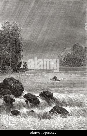 Unfall beim Überqueren des Flusses Ovejas auf der Route von Cali nach Popayan. Departamento Cauca Valley . Kolumbien, Südamerika. Reise durch das gleichzeitliche Amerika 1875-1876 von Edward Francois Andre. Le Tour du Monde 1879 Stockfoto