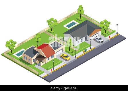 Vorstadtgebäude isometrische Zusammensetzung mit Blick auf kleine Nachbargärten mit Privathäusern und Autos Vektor-Illustration Stock Vektor