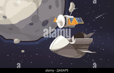 Universum Exploration Cartoon Hintergrund mit Raumschiff und Satellit fliegen in der Umlaufbahn um vermessenen Planeten Vektor-Illustration Stock Vektor