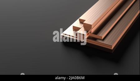 Stapel von Kupferplatten isoliert auf dunklem Hintergrund. 3D Abbildung. Stockfoto