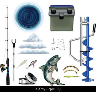 Winter Angelausrüstung realistische set mit isolierten Fisch bekämpfen Symbole der Stäbe Haken Eisbrecher Bohrer Vektor-Illustration Stock Vektor