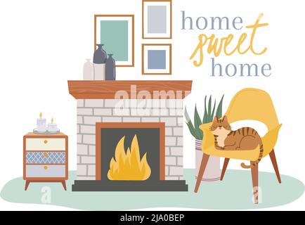 Scandic gemütliche Innenausstattung, Kamin und gemütlicher Stuhl Stock Vektor