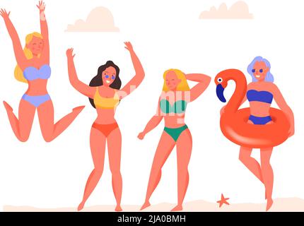 Frauen tanzen in Badeanzügen am Strand flache Vektor-Illustration Stock Vektor