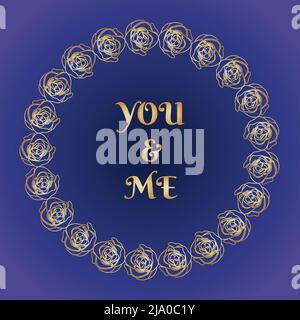 Goldene Rosen Rahmen Blumenkarte Vorlage. Golden Gradient auf Hand gezeichnet Linie Rosen Blumen. Runder Rahmen für die Einladung, Kreis umgeben blau und Gold Metall Vektorgrafik. Stock Vektor