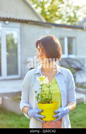 Frau hält in den Händen einen Topf mit Petunia surfinia Blumen. Weibchen, die sich bereit machen, Blumen zu Pflanzen. Gärtner im Sommer oder Frühling Hinterhof zu Hause. Stockfoto