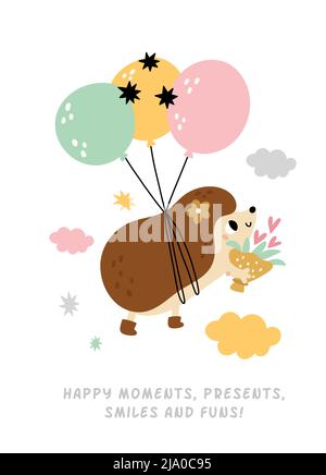 Niedliche Wish Card mit Igel fliegen auf Luftballons Stock Vektor
