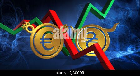 Bullische uah zu bärischer eur-Währung. Devisenmarkt 3D Illustration der ukrainischen Griwna zum europäischen Euro. Geld als goldene Münzen dargestellt Stockfoto