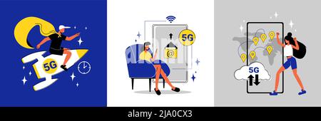 High Speed 5g Internet-Design-Konzept mit menschlichen Charakteren Rakete und Smartphone flach isoliert Vektor-Illustration Stock Vektor