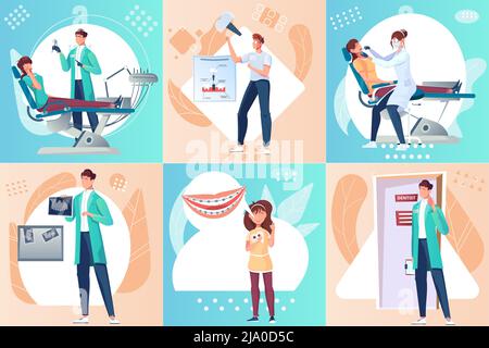 Zahnmedizin Satz von quadratischen Kompositionen mit flachen Bildern von Zahnchirurgen Apparat und Zeichen von Zahnärzten Vektor-Illustration Stock Vektor