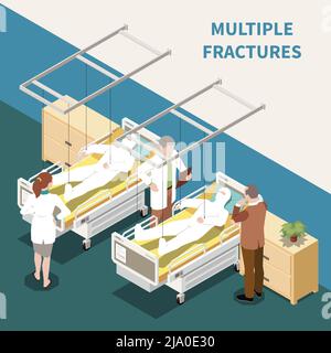 Verletzte Personen mit mehreren Frakturen in isometrischer 3D-Vektordarstellung des Krankenhauses Stock Vektor