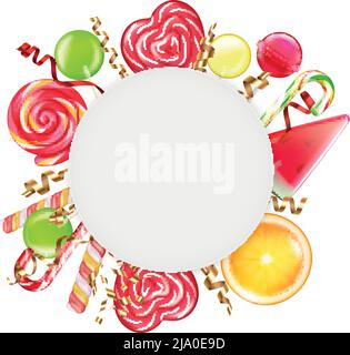 Bonbons Zitrusräder Spirale Karamell Blumen Bonbons Lutscher runden Rahmen Realistische kreisförmige Komposition weißer Hintergrund Vektorgrafik Stock Vektor